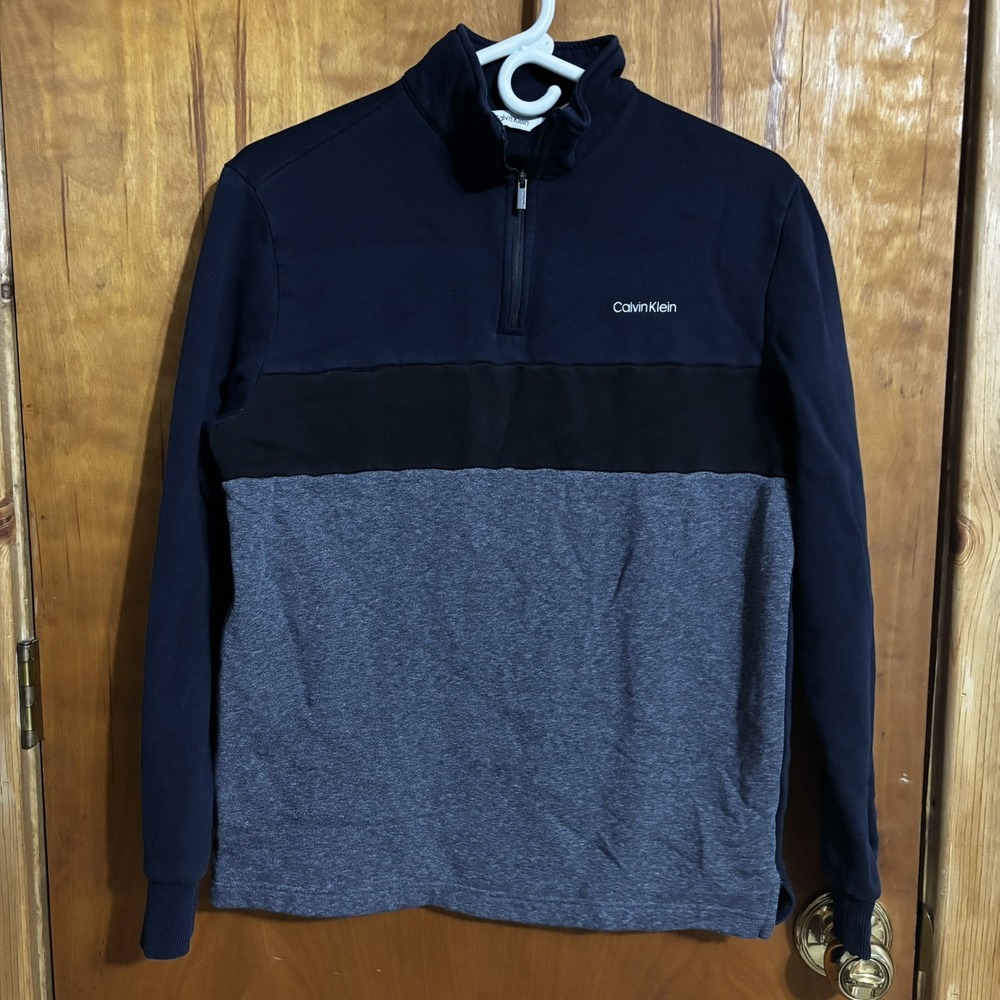 Calvin Klein Men's Small Colorblock 1/4 Zip Fleece Sweatshirt Gray Black Navy